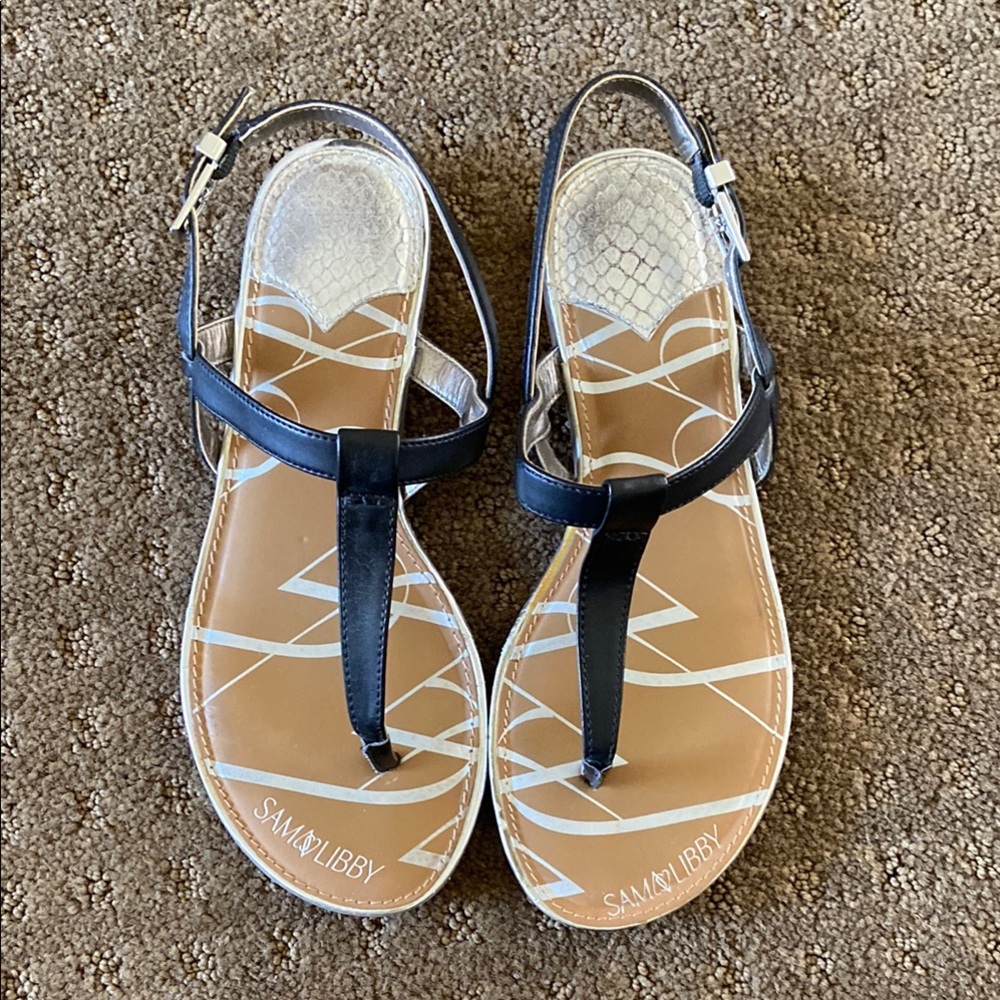 Sam & Libby Black and Tan T-Strap Sandals